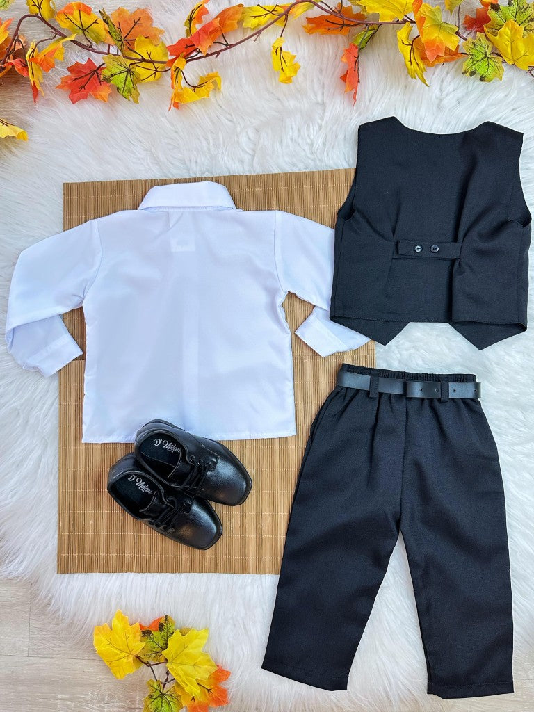 Conjunto infantil: Camisa blanca, pantalón, chaleco y corbata negra 