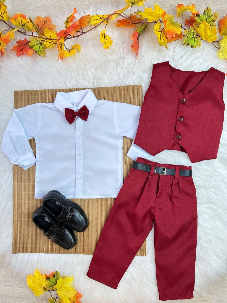 Conjunto Infantil Camisa Blanca Pantalón Chaleco Corbata Marsala