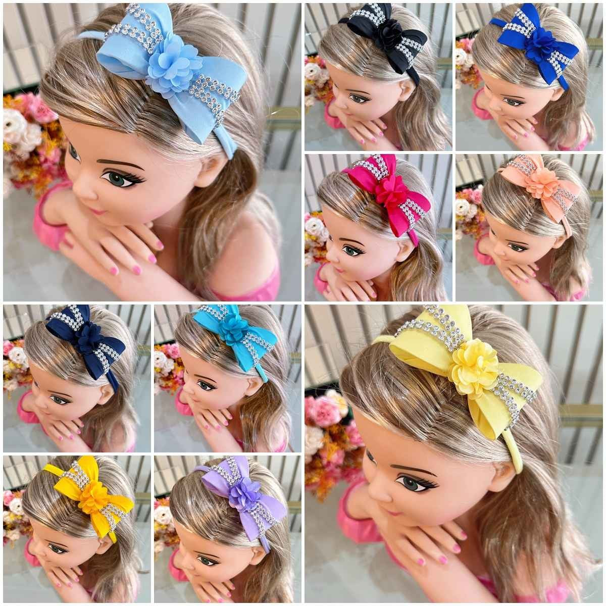 Diadema para bebé con lazo de flores y pedrería en varios colores 