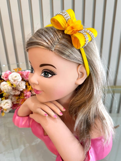 Diadema para bebé con lazo de flores y pedrería en varios colores 