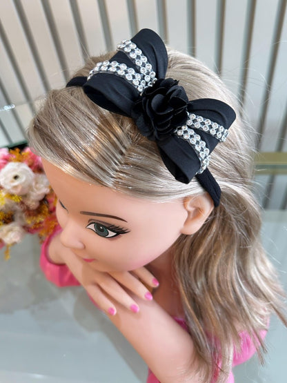 Diadema para bebé con lazo de flores y pedrería en varios colores 