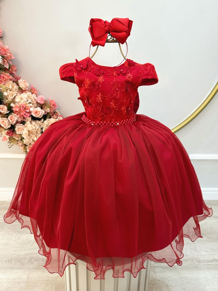 Vestido infantil rojo con encaje y aplique de mariposa