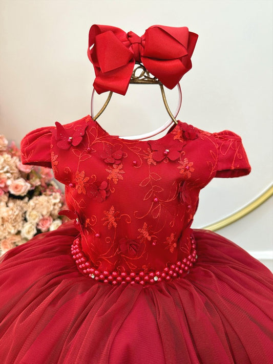 Vestido Infantil Vermelho Damas C/ Renda e Aplique Borboletas