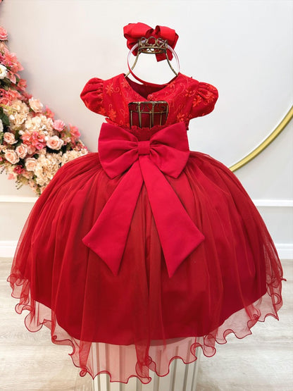 Vestido infantil rojo con encaje y aplique de mariposa