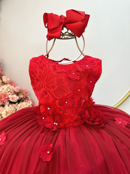 Vestido infantil rojo con encaje y apliques de flores