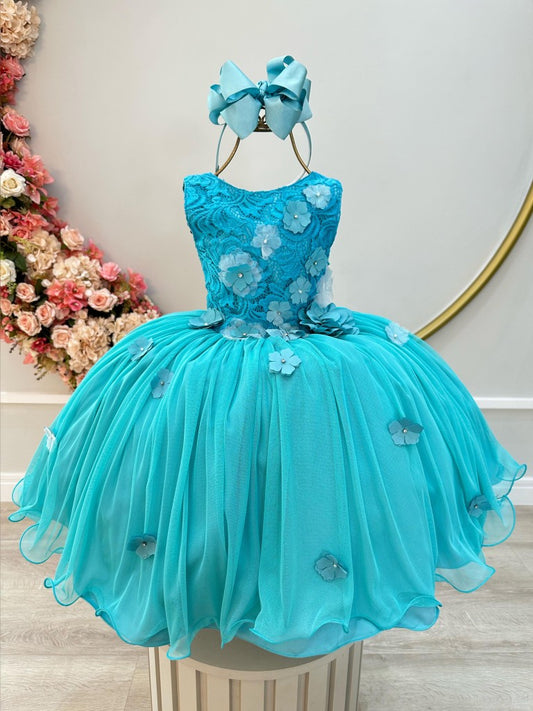 Vestido infantil verde con encaje y apliques de flores