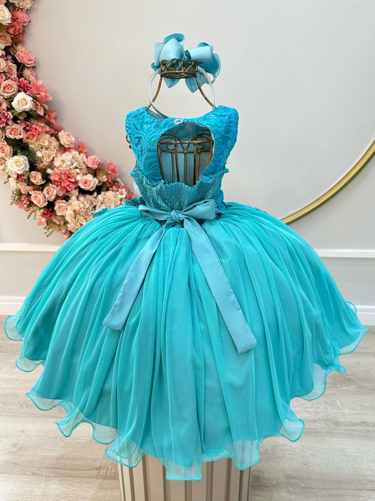 Vestido infantil verde con encaje y apliques de flores