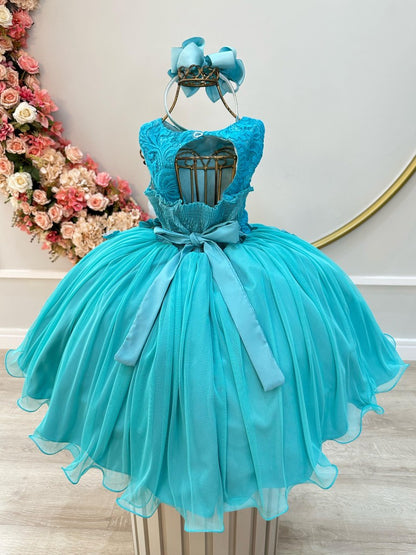 Vestido infantil verde con encaje y apliques de flores