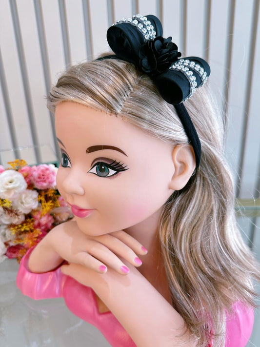 Diadema para bebé con lazo de flores y pedrería en varios colores 