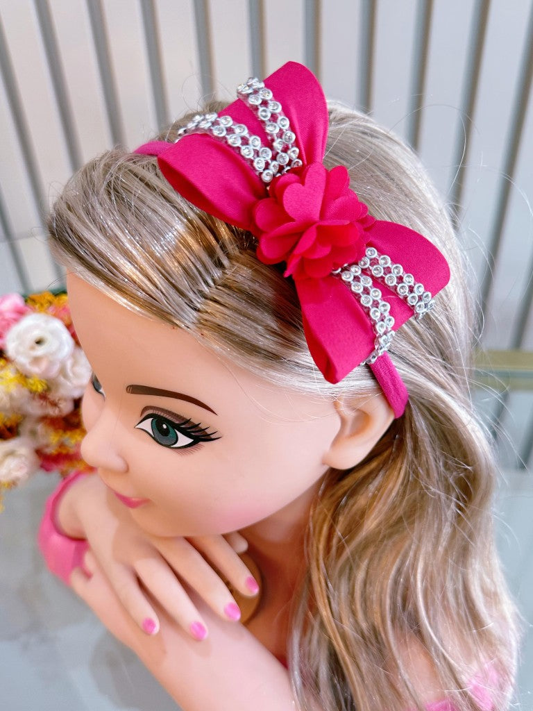 Diadema para bebé con lazo de flores y pedrería en varios colores 