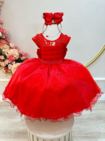 Vestido infantil rojo con encaje y cinturón de perlas