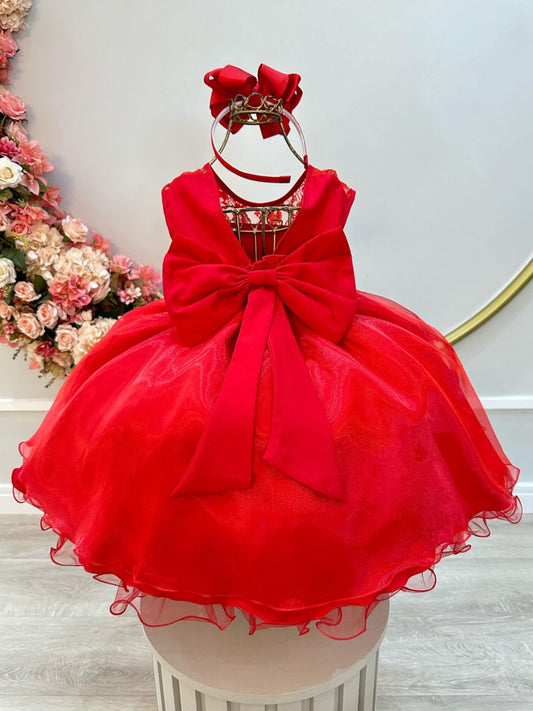Vestido infantil rojo con encaje y cinturón de perlas