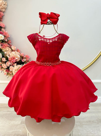 Vestido infantil rojo con cinturón de perlas