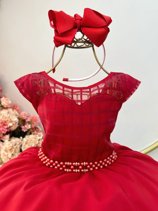 Vestido infantil rojo con cinturón de perlas