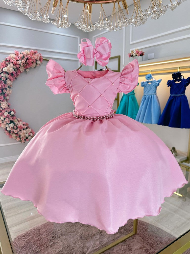 Vestido infantil rosa claro con busto acanalado y perlas