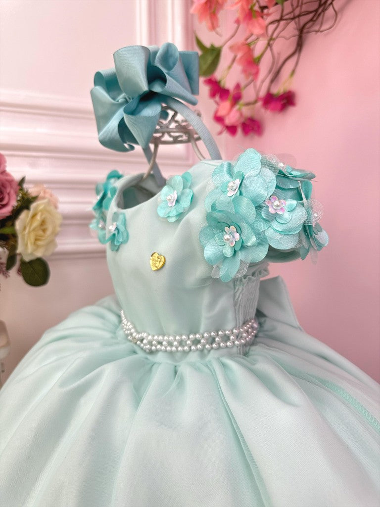 Vestido de niña de flores verde claro con apliques de flores