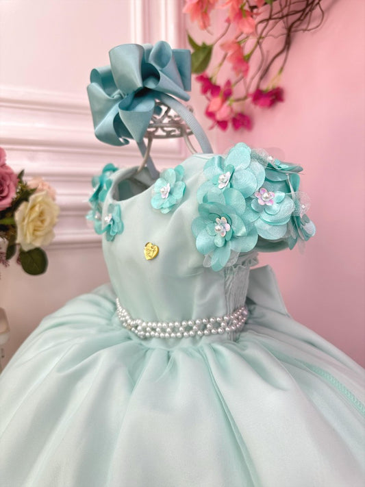 Vestido de niña de flores verde claro con apliques de flores
