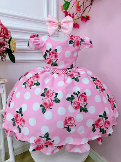 Vestido infantil floral rosa con cinturón de perlas para boda de lujo