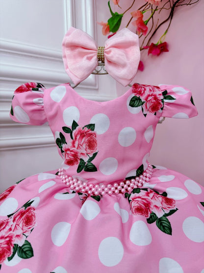 Vestido infantil floral rosa con cinturón de perlas para boda de lujo