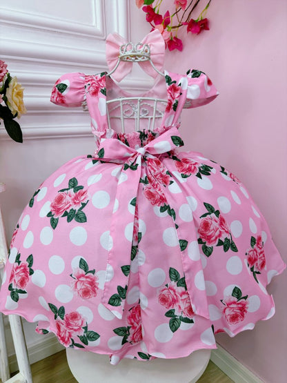 Vestido infantil floral rosa con cinturón de perlas para boda de lujo