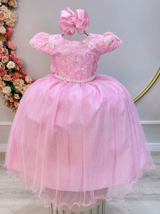 Vestido largo de dama de honor infantil rosa claro con encaje