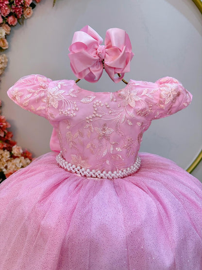 Vestido largo de dama de honor infantil rosa claro con encaje