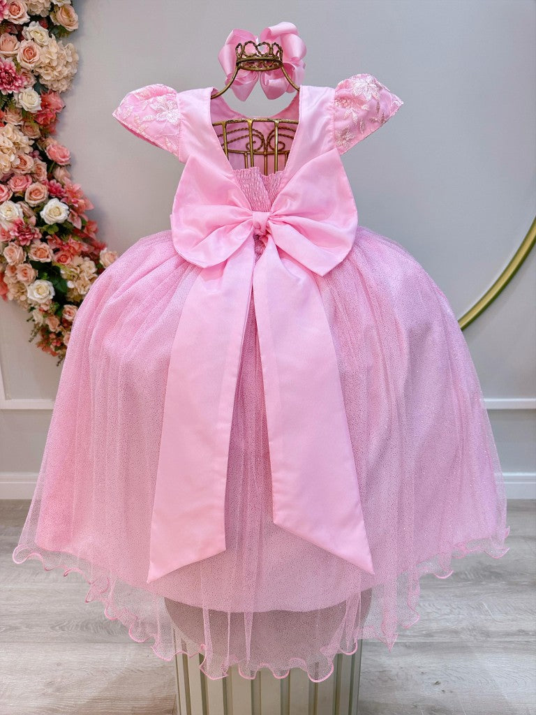 Vestido largo de dama de honor infantil rosa claro con encaje