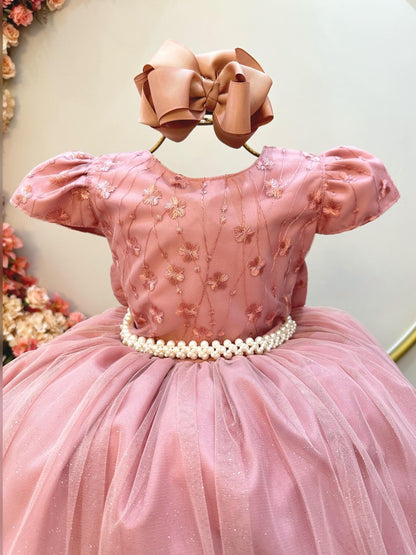 Vestido infantil rosa con encaje, vestidos largos de dama de honor