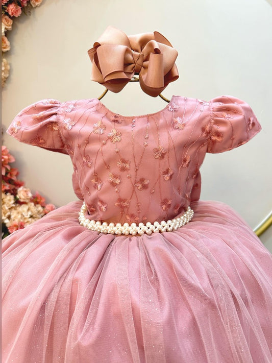 Vestido infantil rosa con encaje, vestidos largos de dama de honor