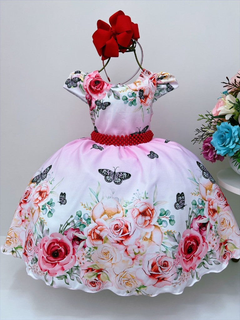 Vestido infantil de mariposa rosa y blanco con cinturón de perlas