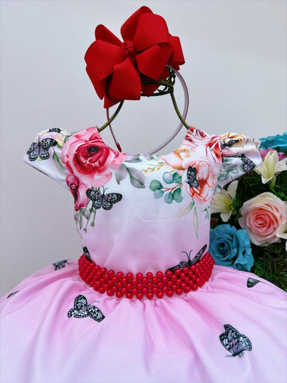 Vestido infantil de mariposa rosa y blanco con cinturón de perlas