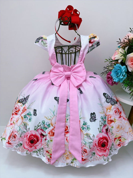 Vestido infantil de mariposa rosa y blanco con cinturón de perlas