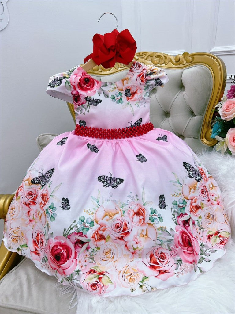 Vestido infantil de mariposa rosa y blanco con cinturón de perlas