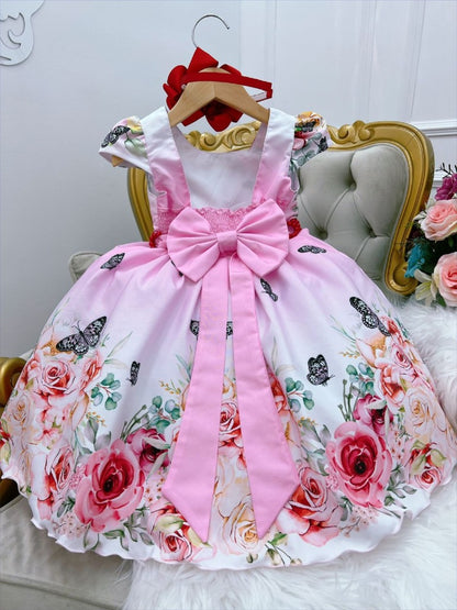 Vestido infantil de mariposa rosa y blanco con cinturón de perlas