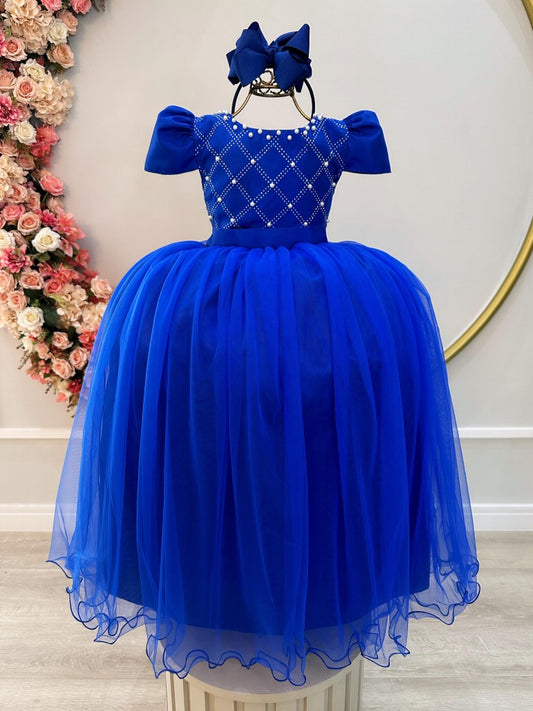Vestido Infantil Longo Azul Royal C/ Strass e Pérolas Damas