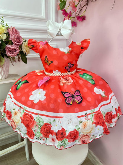 Vestido infantil rojo con mariposas y perlas para Navidad
