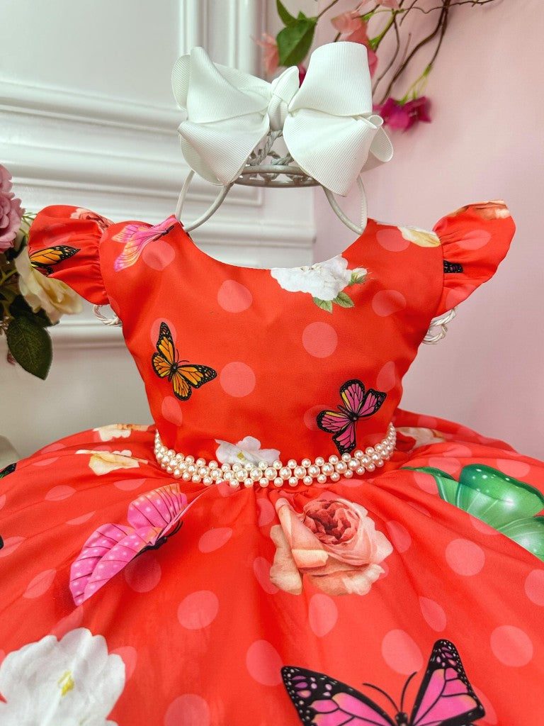 Vestido infantil rojo con mariposas y perlas para Navidad