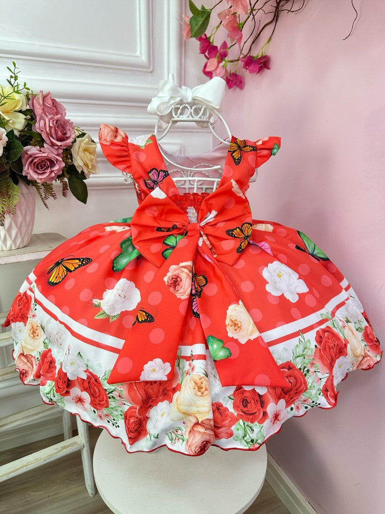 Vestido infantil rojo con mariposas y perlas para Navidad