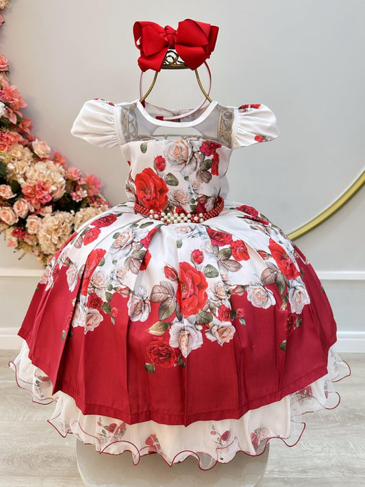 Vestido infantil con hombros descubiertos y estampado floral rojo, con cinturón de perlas de lujo 