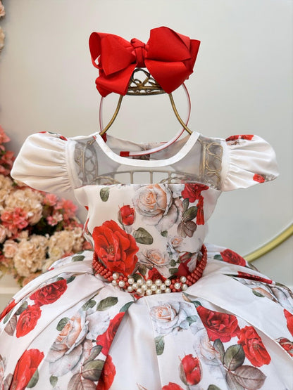 Vestido infantil con hombros descubiertos y estampado floral rojo, con cinturón de perlas de lujo 