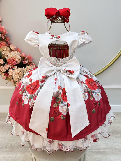 Vestido infantil con hombros descubiertos y estampado floral rojo, con cinturón de perlas de lujo 