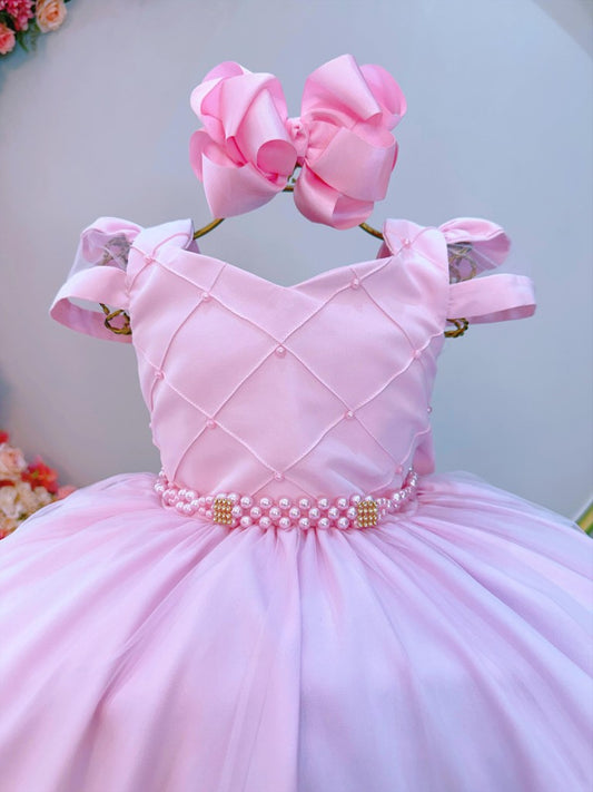 Vestido Infantil Rosa Claro Busto Nervura C/ Pérolas Damas