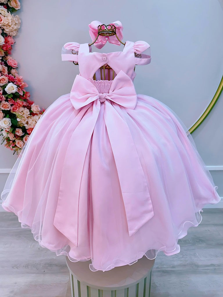 Vestido infantil rosa claro con busto acanalado y perlas 