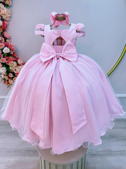 Vestido infantil rosa claro con busto acanalado y perlas 