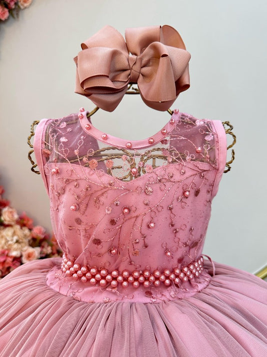 Vestido Infantil Longo Rose C/ Renda e Pérolas Damas