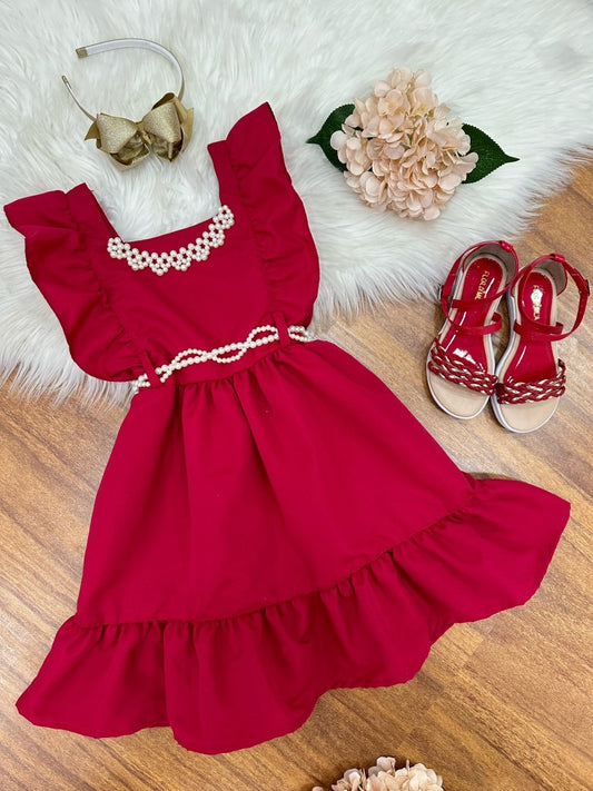 Vestido infantil rojo de lujo con perlas para damas de honor
