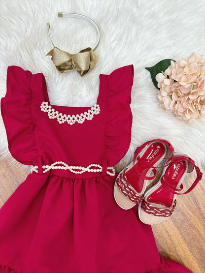 Vestido infantil rojo de lujo con perlas para damas de honor