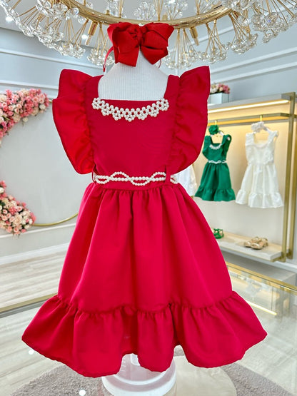 Vestido infantil rojo de lujo con perlas para damas de honor