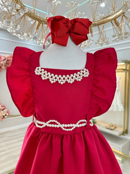 Vestido infantil rojo de lujo con perlas para damas de honor