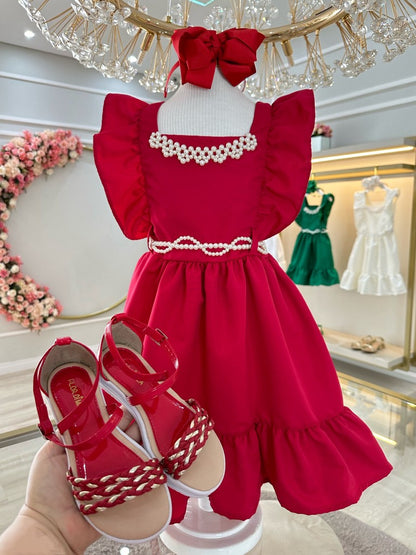 Vestido infantil rojo de lujo con perlas para damas de honor